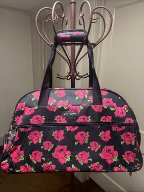 Betsey Johnson Black & Hot Pink Rose Travel Duffel